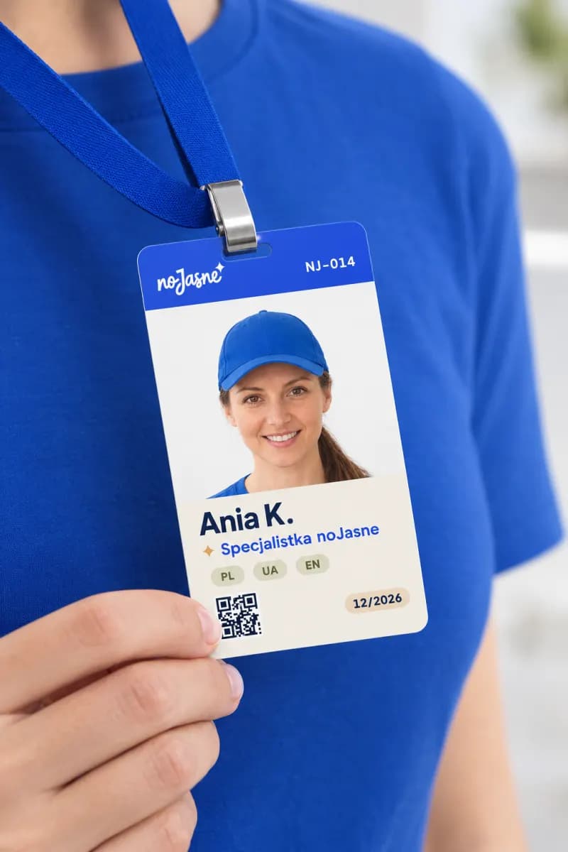 Specjalistka noJasne w kobaltowej koszulce pokazuje swój identyfikator